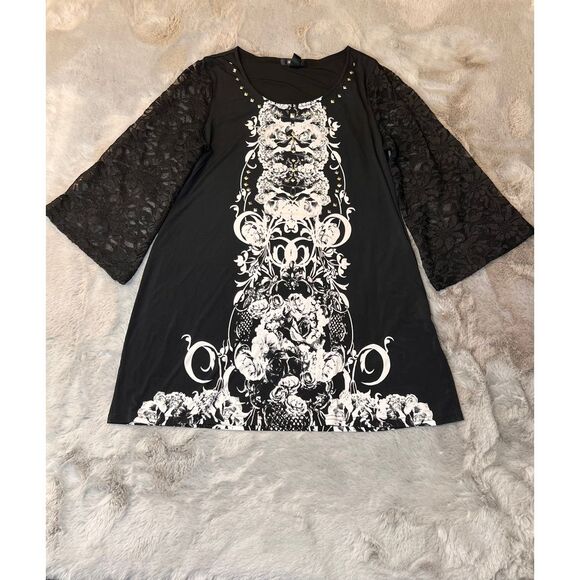Style & Co Gothic Floral Lace Bell Sleeve Dress Black White Studded Details SZ L - Picture 1 of 14